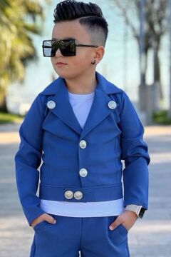Erkek Çocuk Bisiklet Yaka Bluz ve Gümüş Düğme Detaylı Lacivert Ceket Alt Üst Takım