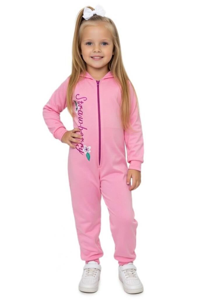 Kız Bebek Strawberry Yazı ve Arkasında Çilek İşlemeli Fermuarlı Pembe Tulum