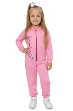 Kız Bebek Strawberry Yazı ve Arkasında Çilek İşlemeli Fermuarlı Pembe Tulum