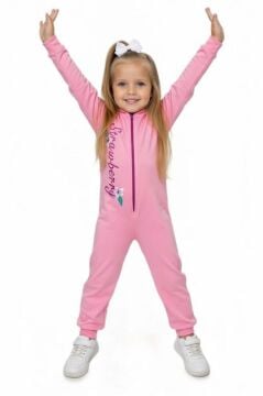 Kız Bebek Strawberry Yazı ve Arkasında Çilek İşlemeli Fermuarlı Pembe Tulum