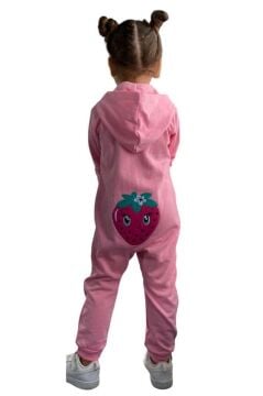 Kız Bebek Strawberry Yazı ve Arkasında Çilek İşlemeli Fermuarlı Pembe Tulum