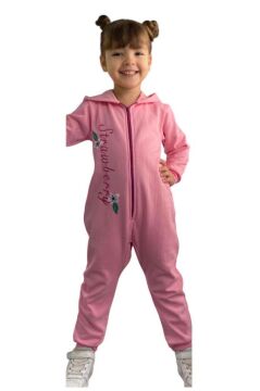 Kız Bebek Strawberry Yazı ve Arkasında Çilek İşlemeli Fermuarlı Pembe Tulum