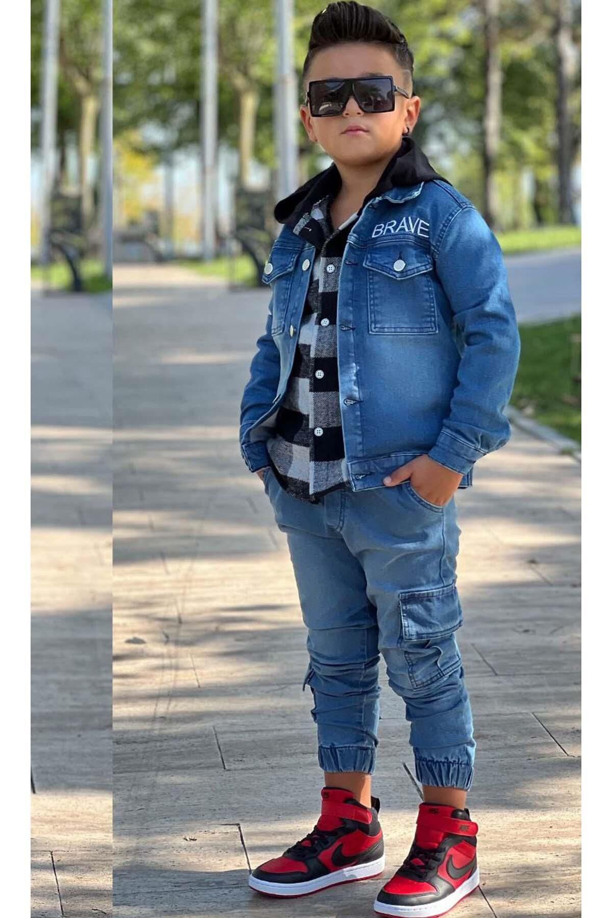 Erkek Çocuk Ekose Kapşonlu Siyah Oduncu Gömlek Sırtı Tiger Desen Ceket Kot Alt Üst Takım