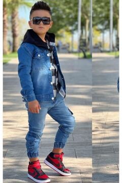 Erkek Çocuk Ekose Kapşonlu Siyah Oduncu Gömlek Sırtı Tiger Desen Ceket Kot Alt Üst Takım