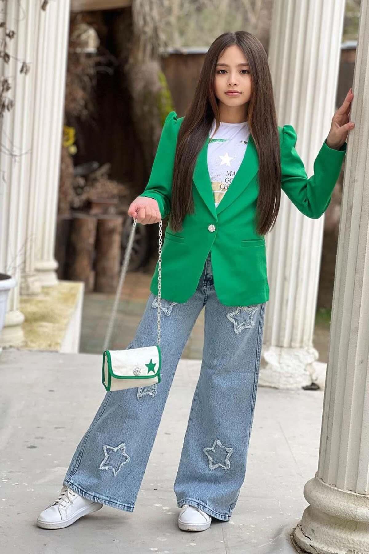Kız Çocuk Baskılı T-shirt Bol Kesim Yıldız Detaylı Jean Pantolon Yeşil Blazer Ceket Alt Üst Takım