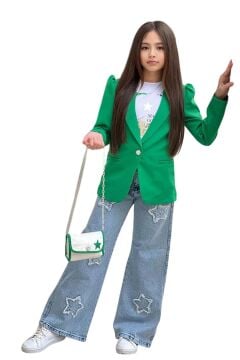 Kız Çocuk Baskılı T-shirt Bol Kesim Yıldız Detaylı Jean Pantolon Yeşil Blazer Ceket Alt Üst Takım