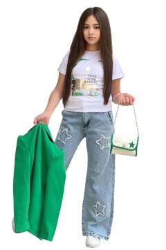 Kız Çocuk Baskılı T-shirt Bol Kesim Yıldız Detaylı Jean Pantolon Yeşil Blazer Ceket Alt Üst Takım