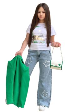 Kız Çocuk Baskılı T-shirt Bol Kesim Yıldız Detaylı Jean Pantolon Yeşil Blazer Ceket Alt Üst Takım