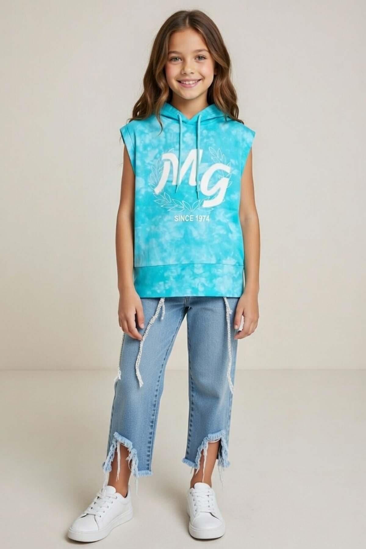Kız Çocuk üzeri MG Yazı ve Yaprak Detaylı Kapüşonlu Kolsuz Turkuaz Sweatshirt
