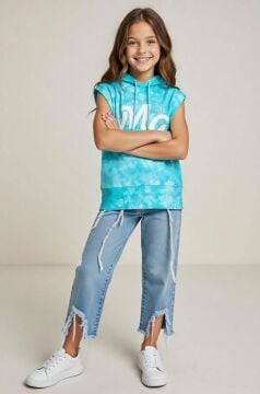 Kız Çocuk üzeri MG Yazı ve Yaprak Detaylı Kapüşonlu Kolsuz Turkuaz Sweatshirt