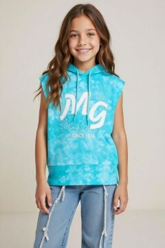 Kız Çocuk üzeri MG Yazı ve Yaprak Detaylı Kapüşonlu Kolsuz Turkuaz Sweatshirt