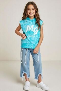 Kız Çocuk üzeri MG Yazı ve Yaprak Detaylı Kapüşonlu Kolsuz Turkuaz Sweatshirt