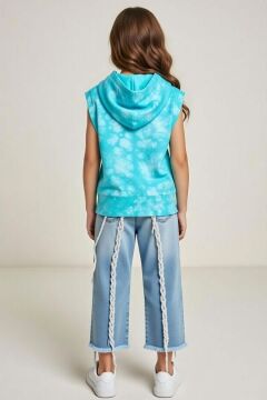 Kız Çocuk üzeri MG Yazı ve Yaprak Detaylı Kapüşonlu Kolsuz Turkuaz Sweatshirt