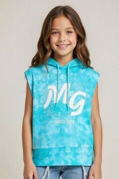 Kız Çocuk üzeri MG Yazı ve Yaprak Detaylı Kapüşonlu Kolsuz Turkuaz Sweatshirt