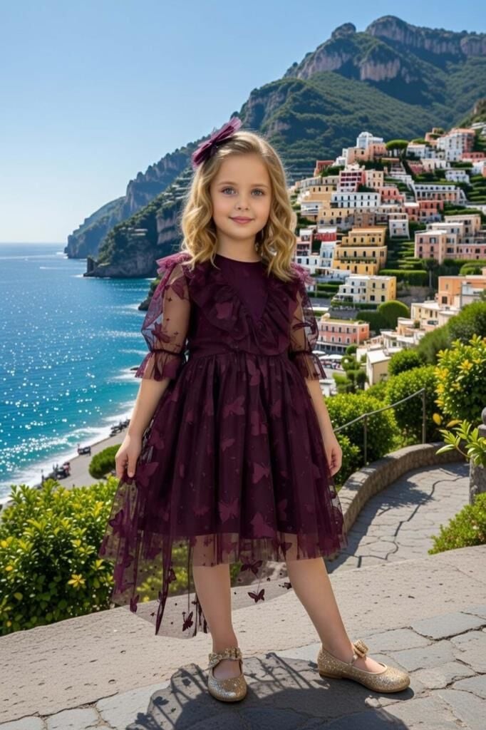 Kız Çocuk Göğsü Fırfırlı Üzeri Kelebek Desenli Şeffaf Tüllü Mürdüm Elbise