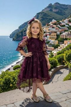 Kız Çocuk Göğsü Fırfırlı Üzeri Kelebek Desenli Şeffaf Tüllü Mürdüm Elbise