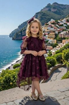 Kız Çocuk Göğsü Fırfırlı Üzeri Kelebek Desenli Şeffaf Tüllü Mürdüm Elbise