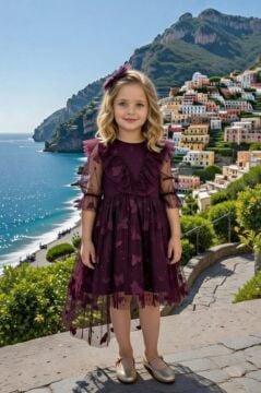 Kız Çocuk Göğsü Fırfırlı Üzeri Kelebek Desenli Şeffaf Tüllü Mürdüm Elbise