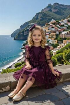 Kız Çocuk Göğsü Fırfırlı Üzeri Kelebek Desenli Şeffaf Tüllü Mürdüm Elbise