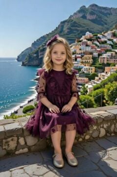 Kız Çocuk Göğsü Fırfırlı Üzeri Kelebek Desenli Şeffaf Tüllü Mürdüm Elbise