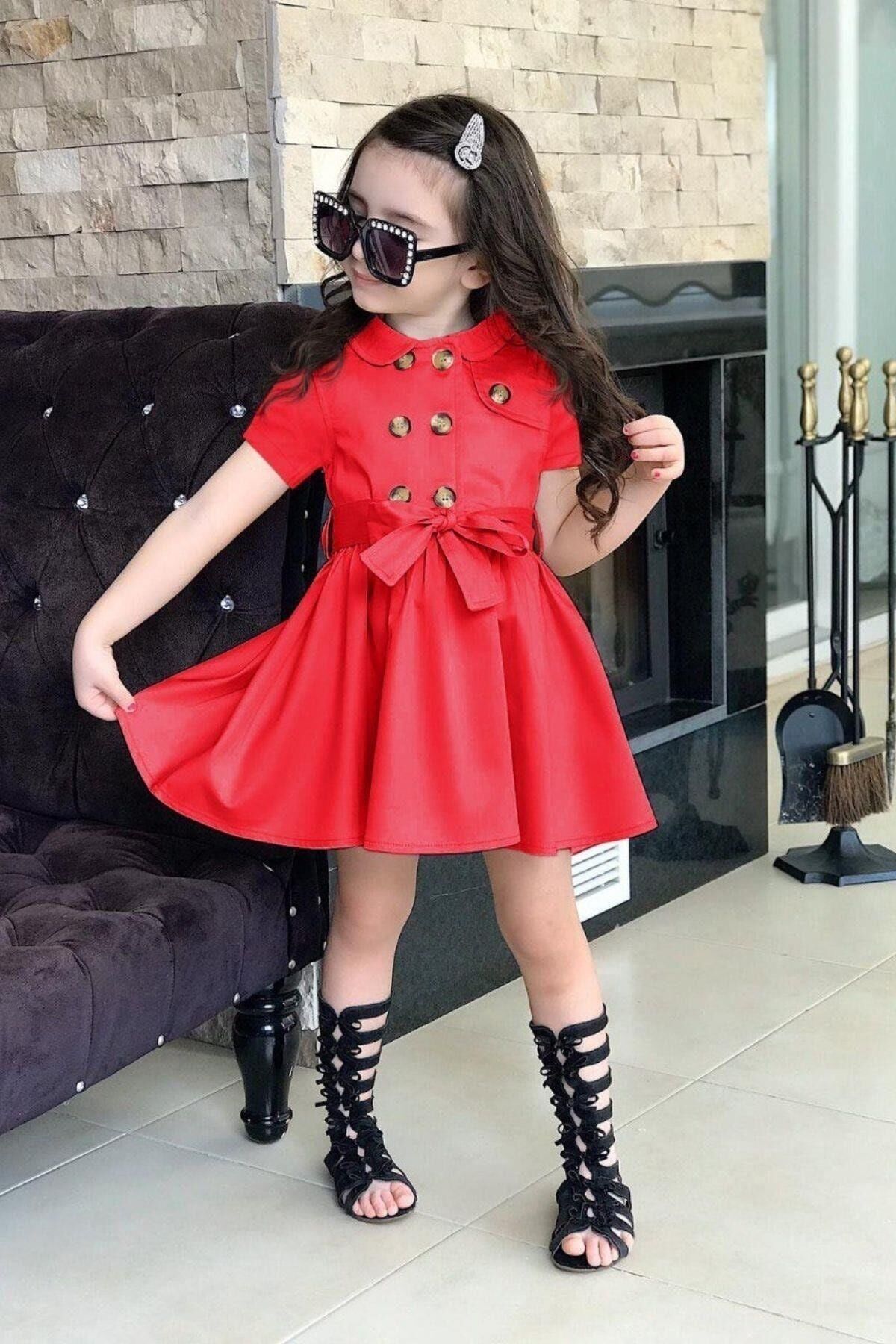 Kız Çocuk Önü Düğmeli Ve Beli Kuşaklı Kırmızı Elbise