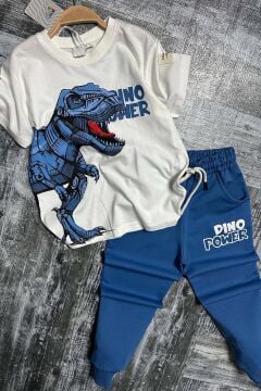 Erkek Çocuk Dinazor Digital Baskı Ve Yazı Detaylı T-Shirt Mavi Eşofman Takım