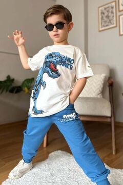 Erkek Çocuk Dinazor Digital Baskı Ve Yazı Detaylı T-Shirt Mavi Eşofman Takım