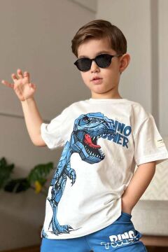 Erkek Çocuk Dinazor Digital Baskı Ve Yazı Detaylı T-Shirt Mavi Eşofman Takım