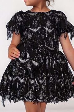 Kız Çocuk Üzeri Pulpayet İşlemeli Püsküllü Parlak Siyah Elbise