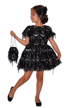 Kız Çocuk Üzeri Pulpayet İşlemeli Püsküllü Parlak Siyah Elbise