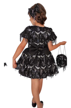 Kız Çocuk Üzeri Pulpayet İşlemeli Püsküllü Parlak Siyah Elbise