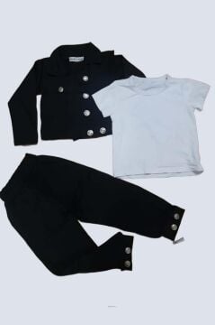 Erkek Çocuk Bisiklet Yaka Bluz ve Gümüş Düğme Detaylı Siyah Ceket Alt Üst Takım