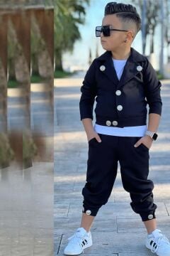 Erkek Çocuk Bisiklet Yaka Bluz ve Gümüş Düğme Detaylı Siyah Ceket Alt Üst Takım