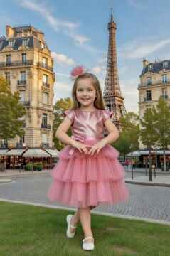 Kız Çocuk Göğsü Pulpayet İşlemeli Eteği Kat Kat Tüllü İçi Astarlı Gül Kurusu Abiye