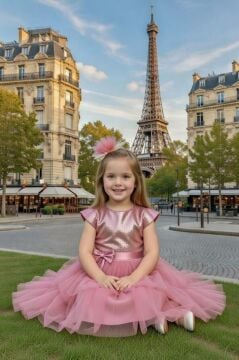 Kız Çocuk Göğsü Pulpayet İşlemeli Eteği Kat Kat Tüllü İçi Astarlı Gül Kurusu Abiye