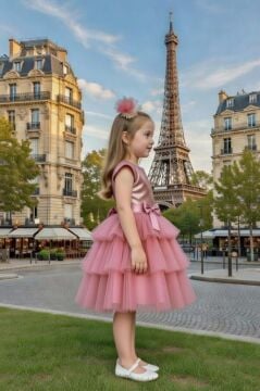 Kız Çocuk Göğsü Pulpayet İşlemeli Eteği Kat Kat Tüllü İçi Astarlı Gül Kurusu Abiye