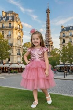 Kız Çocuk Göğsü Pulpayet İşlemeli Eteği Kat Kat Tüllü İçi Astarlı Gül Kurusu Abiye