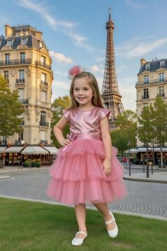 Kız Çocuk Göğsü Pulpayet İşlemeli Eteği Kat Kat Tüllü İçi Astarlı Gül Kurusu Abiye