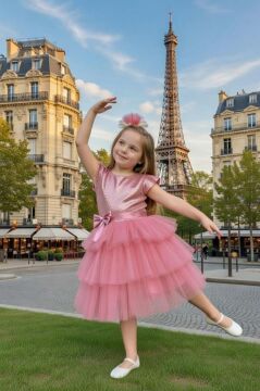 Kız Çocuk Göğsü Pulpayet İşlemeli Eteği Kat Kat Tüllü İçi Astarlı Gül Kurusu Abiye