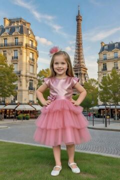 Kız Çocuk Göğsü Pulpayet İşlemeli Eteği Kat Kat Tüllü İçi Astarlı Gül Kurusu Abiye