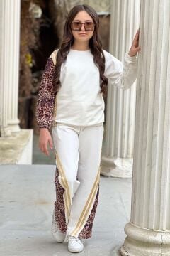 Kız Çocuk Kolları ve Paçaları Leopar Desen, Gold Şerit Detaylı Beyaz Eşofman Takım