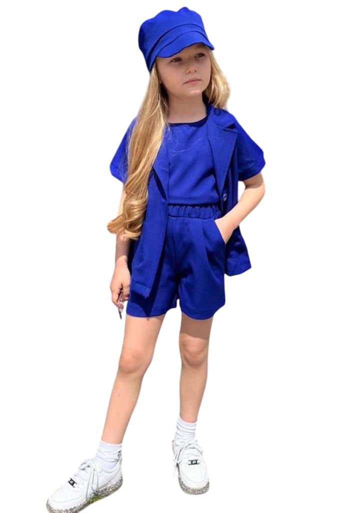 Kız Çocuk Kolsuz Penye Bluz Kısa Kollu Blazer Ceket Şapkalı Saks Mavisi Şortlu Takım