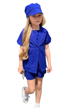 Kız Çocuk Kolsuz Penye Bluz Kısa Kollu Blazer Ceket Şapkalı Saks Mavisi Şortlu Takım