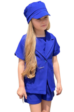 Kız Çocuk Kolsuz Penye Bluz Kısa Kollu Blazer Ceket Şapkalı Saks Mavisi Şortlu Takım