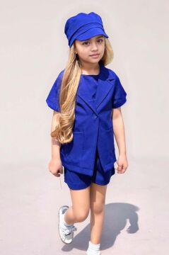 Kız Çocuk Kolsuz Penye Bluz Kısa Kollu Blazer Ceket Şapkalı Saks Mavisi Şortlu Takım