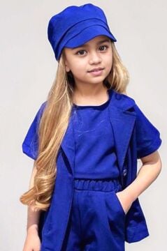 Kız Çocuk Kolsuz Penye Bluz Kısa Kollu Blazer Ceket Şapkalı Saks Mavisi Şortlu Takım