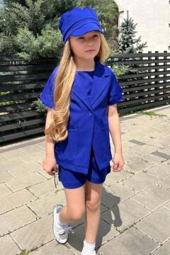 Kız Çocuk Kolsuz Penye Bluz Kısa Kollu Blazer Ceket Şapkalı Saks Mavisi Şortlu Takım