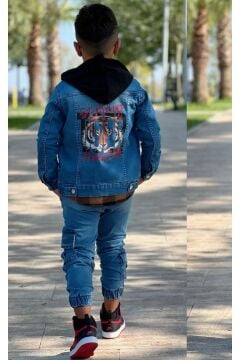 Erkek Çocuk Ekose Kapşonlu Kahverengi Oduncu Gömlek Sırtı Tiger Desen Ceket Kot Alt Üst Takım