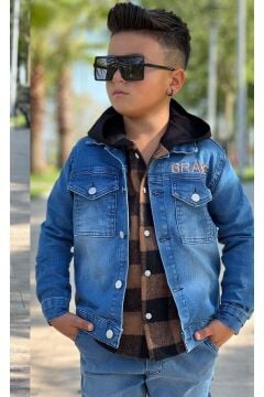 Erkek Çocuk Ekose Kapşonlu Kahverengi Oduncu Gömlek Sırtı Tiger Desen Ceket Kot Alt Üst Takım