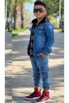 Erkek Çocuk Ekose Kapşonlu Kahverengi Oduncu Gömlek Sırtı Tiger Desen Ceket Kot Alt Üst Takım